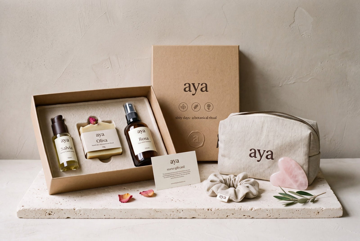 The Aya Sixty with your Free Welcome Pack: linen bag, rose quartz gua sha, linen scrunchie